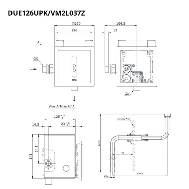Van xả tiểu TOTO DUE126UPKA VM2L037Z cảm ứng dùng pin kèm ống nối